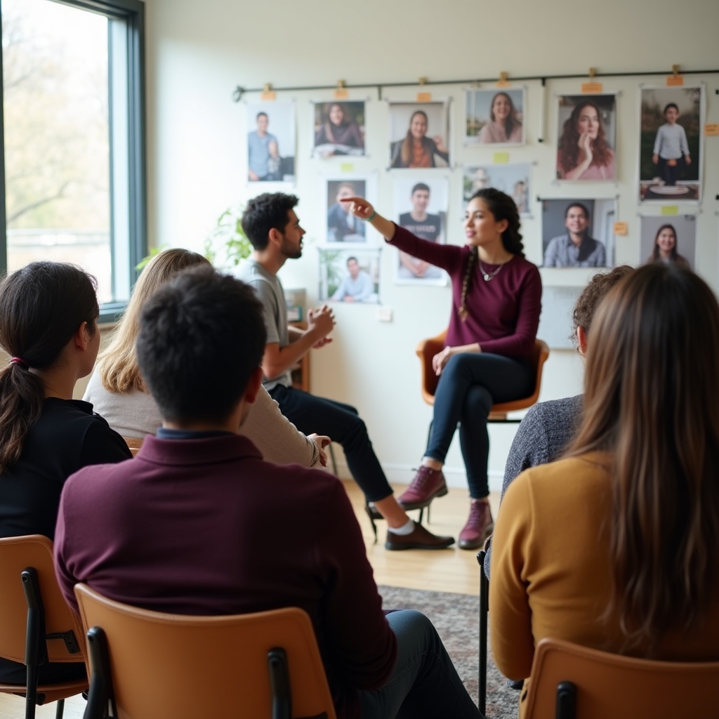 Diverse group of students in a classroom setting discussing printed photographs pinned to a wall