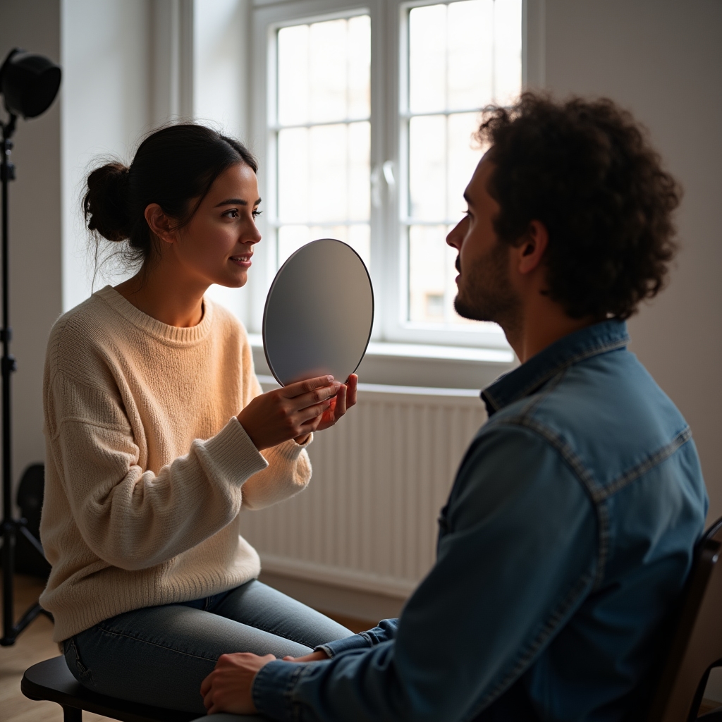Student practicing reflector lighting technique indoors with a portrait subject