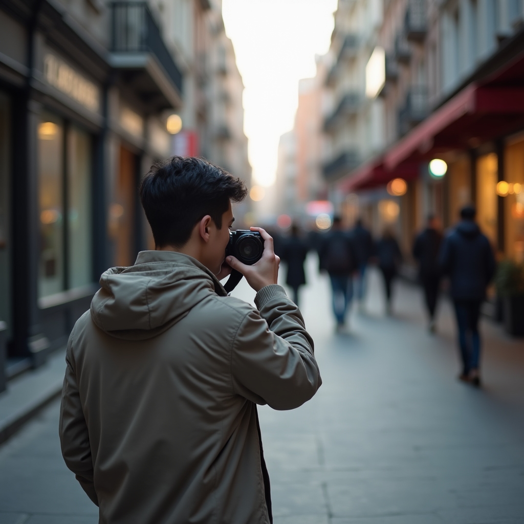 Beginner photographer photographing a street scene as part of a weekly assignment